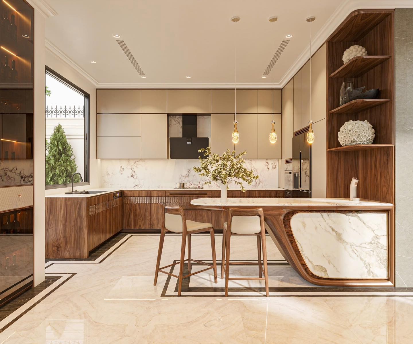 mẫu tủ bếp bằng gỗ óc chó đẹp