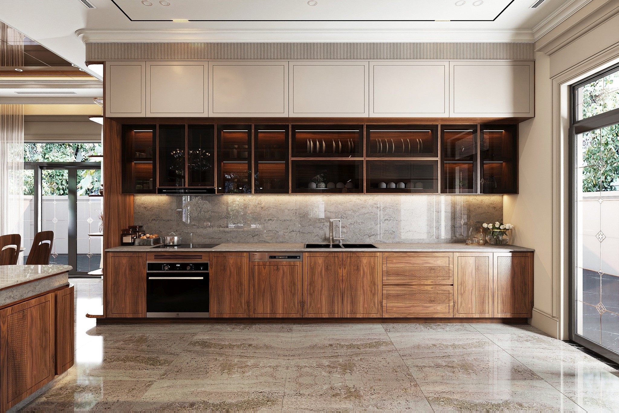 mẫu tủ bếp chữ l gỗ óc chó nhỏ đẹp