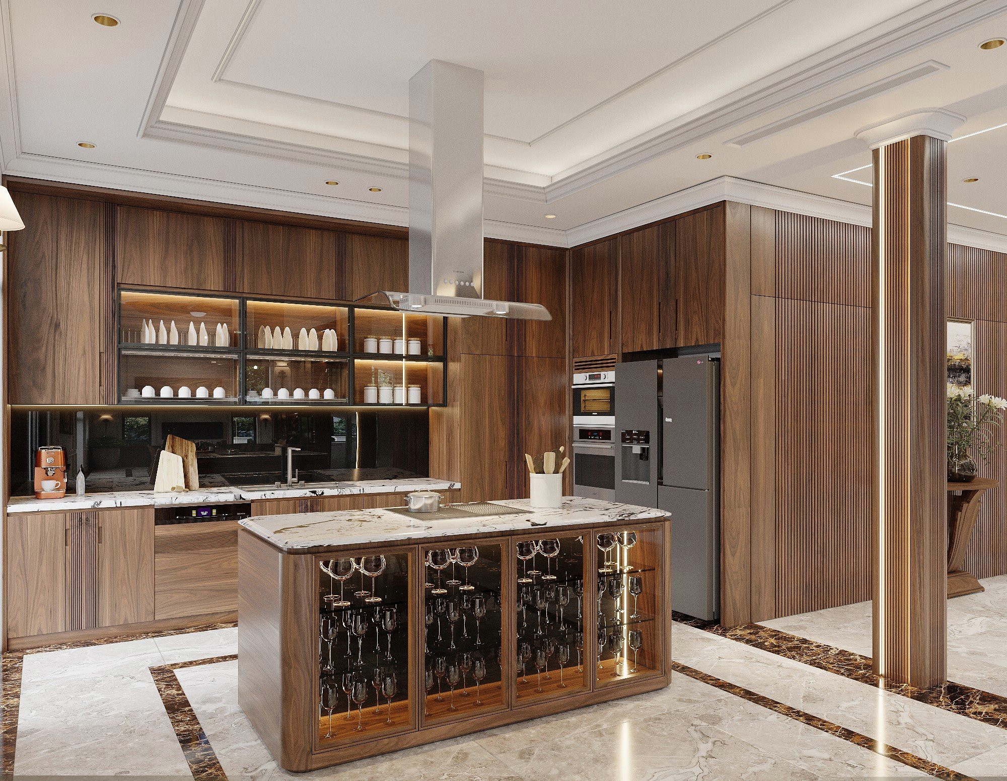 mẫu tủ bếp đẹp hình chữ l gỗ óc chó hiện đại