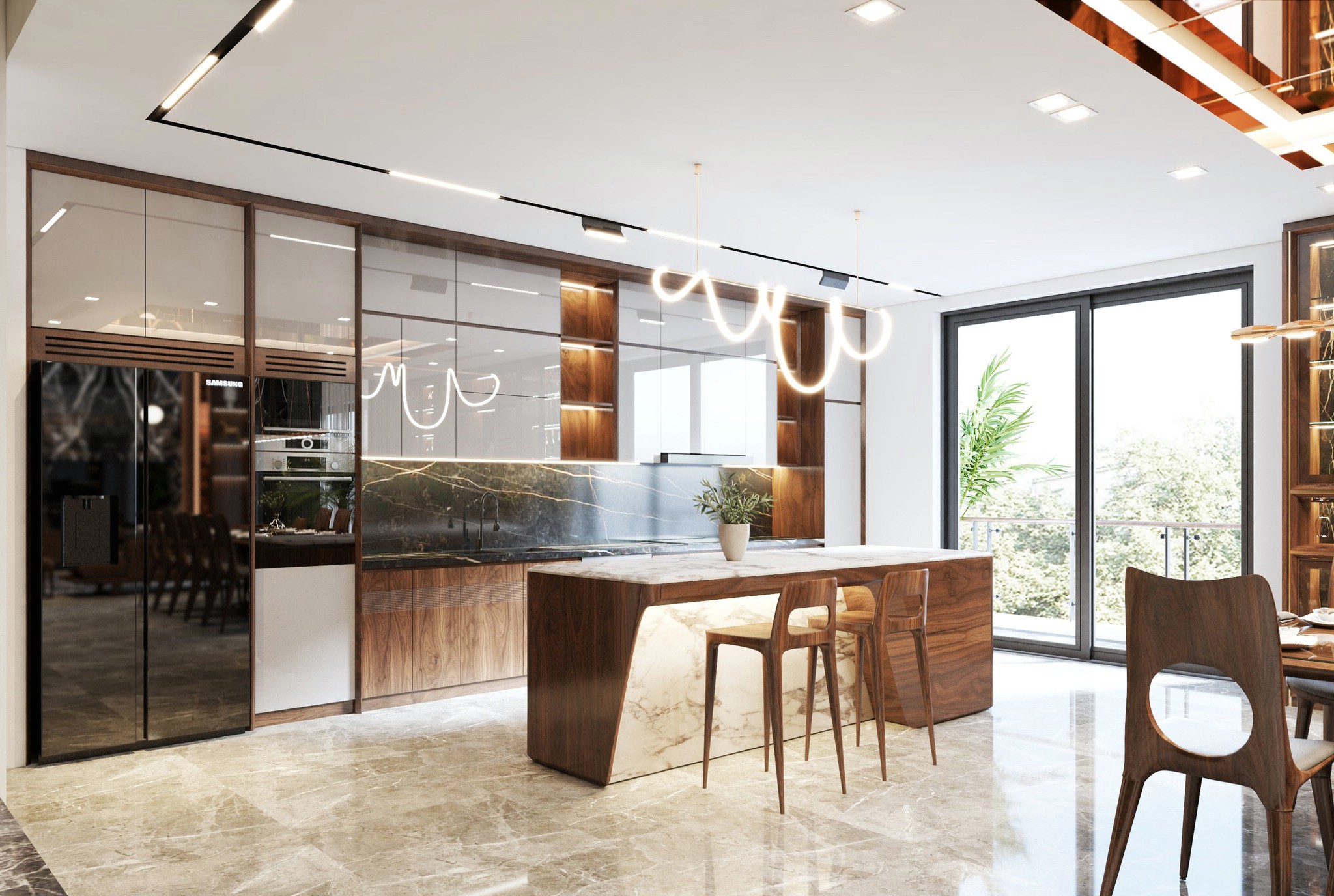 mẫu tủ bếp đẹp hình chữ l gỗ óc chó