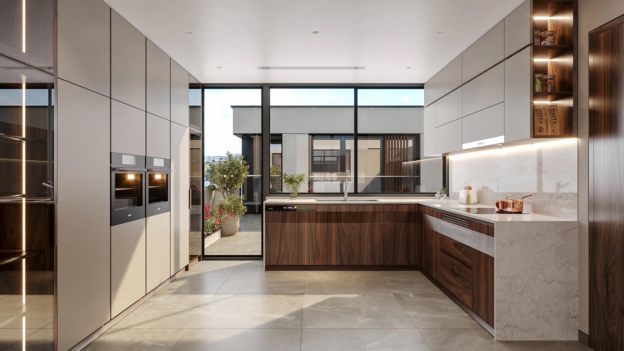 mẫu tủ bếp dưới gỗ óc chó đẹp