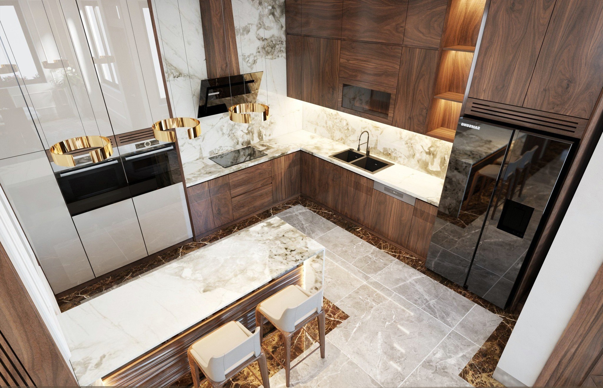 mẫu tủ bếp gỗ óc chó chữ l đẹp