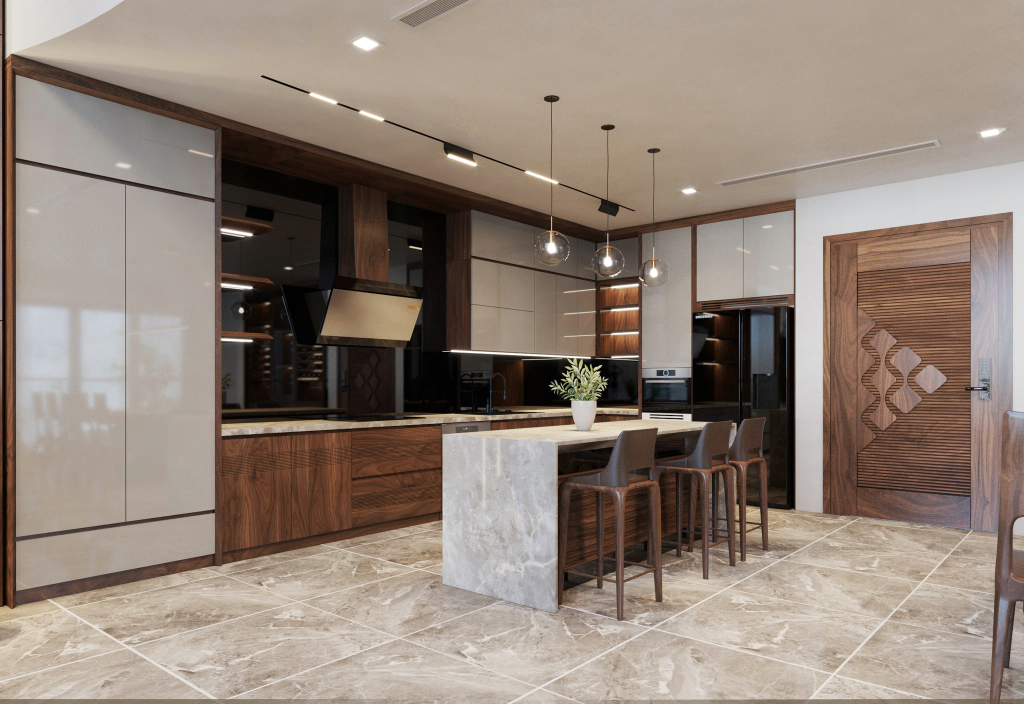 mẫu tủ bếp gỗ óc chó có quầy bar