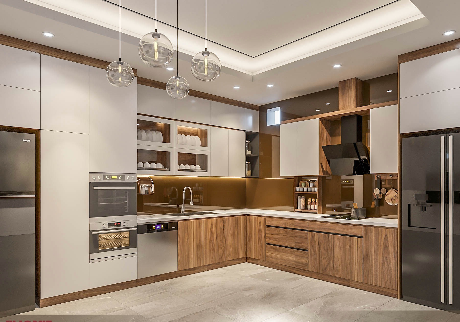 mẫu tủ bếp gỗ óc chó đẹp chữ l