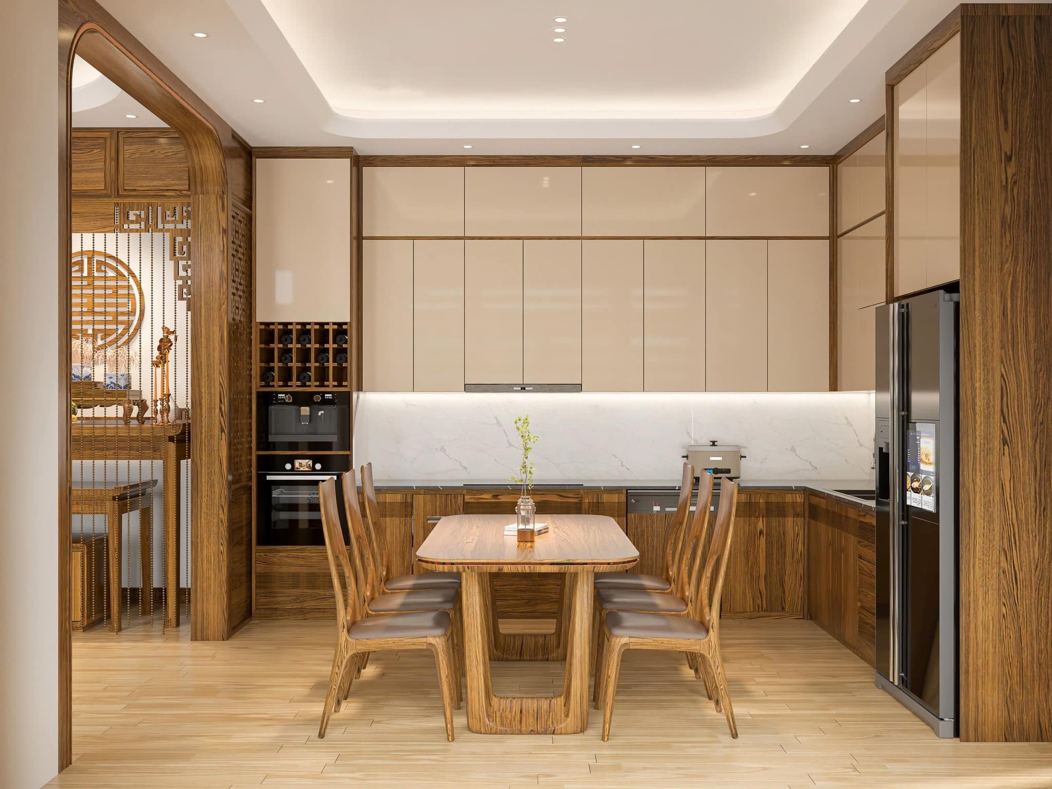 mẫu tủ bếp gỗ óc chó đẹp hiện đại