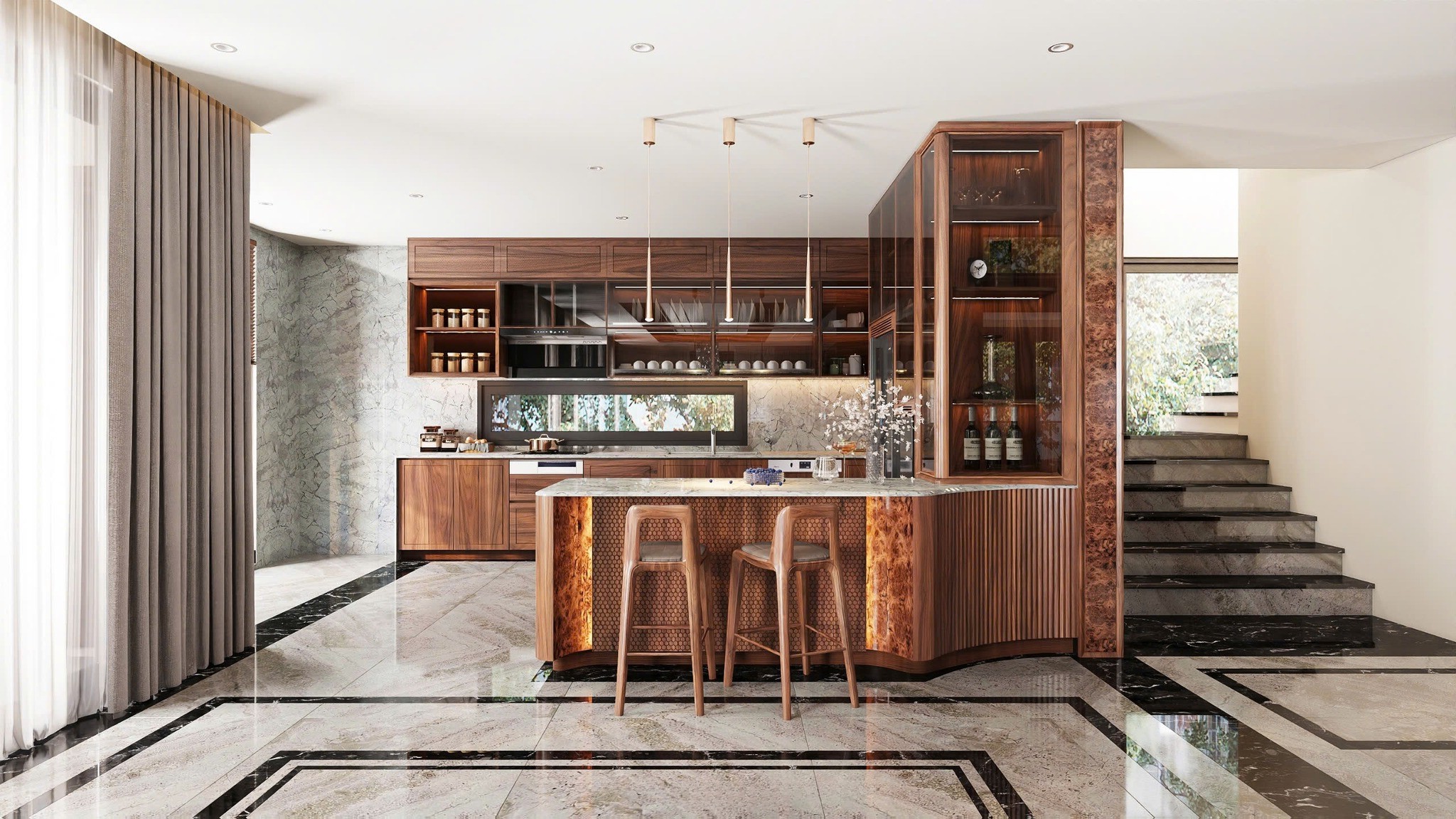 mẫu tủ bếp gỗ óc chó tự nhiên cao cấp