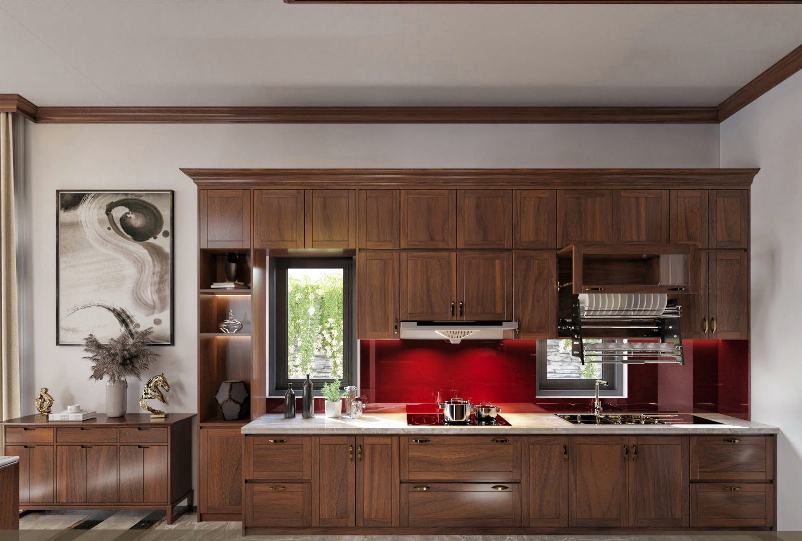 mẫu tủ bếp thẳng gỗ óc chó đẹp