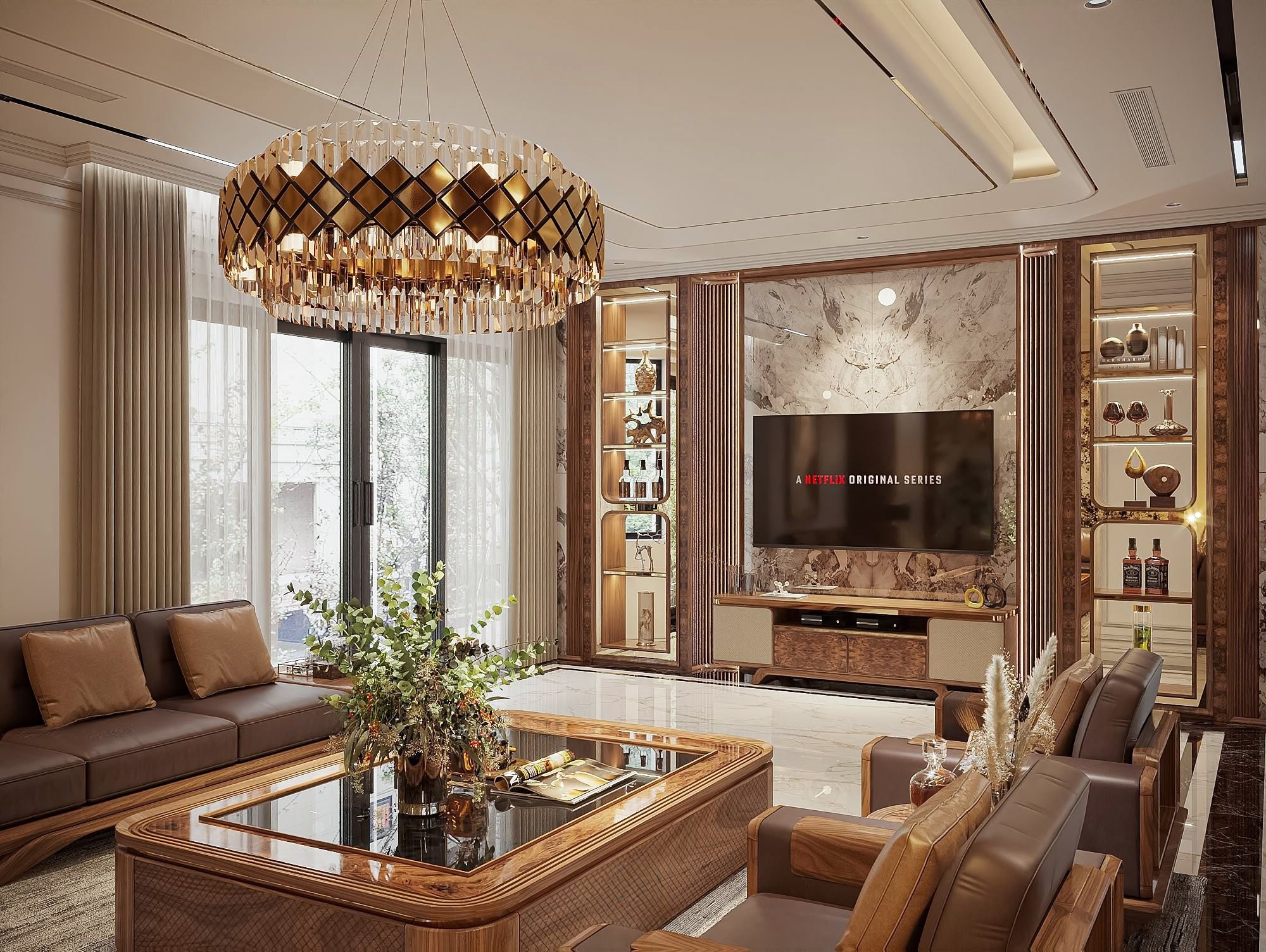 mẫu tủ kệ tivi phòng khách gỗ óc chó