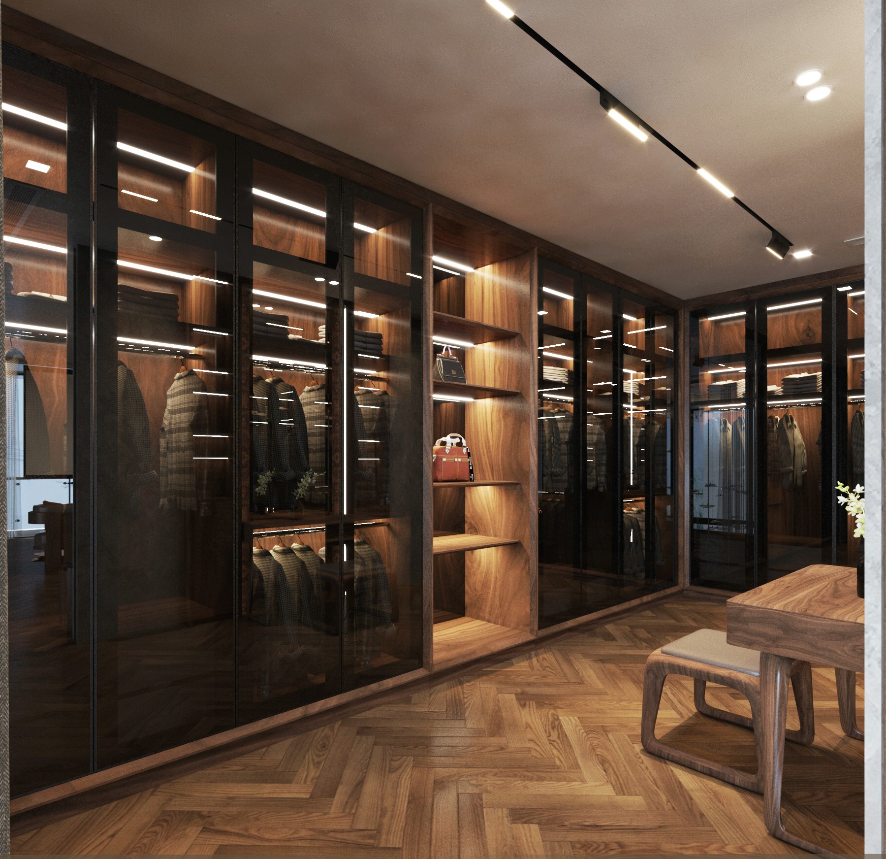 mẫu tủ quần áo gỗ gỗ óc chó đẹp hiện đại chữ L âm tường cánh kính kịch trần