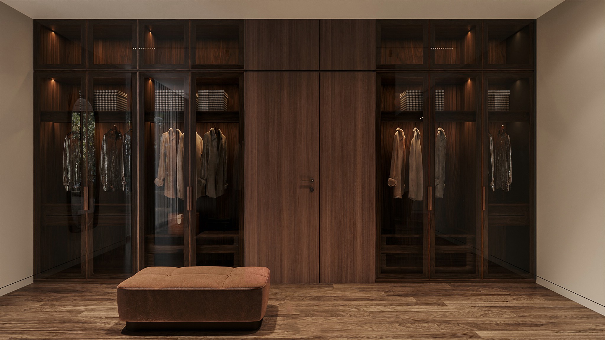 mẫu tủ quần áo gỗ óc chó cho nhà chung cư chữ I âm tường hiện đại