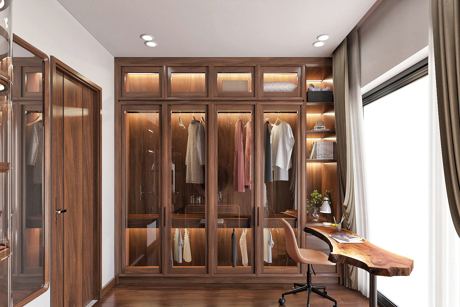 Mẫu tủ quần áo gỗ óc chó đẹp hiện đại thiết kế âm tường kịch trần