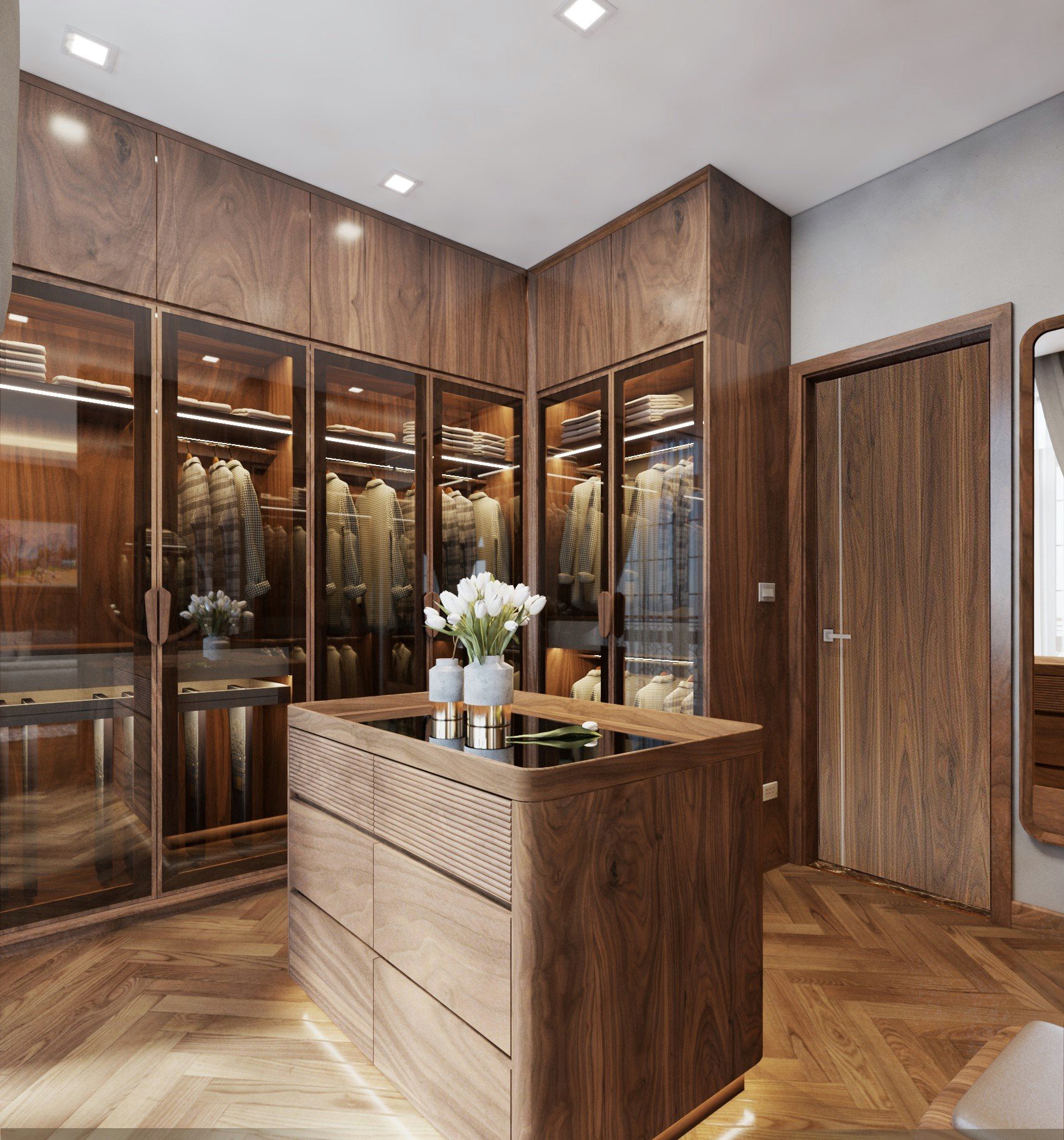 Mẫu tủ quần áo gỗ óc chó đẹp kết hợp cánh kính sang trọng