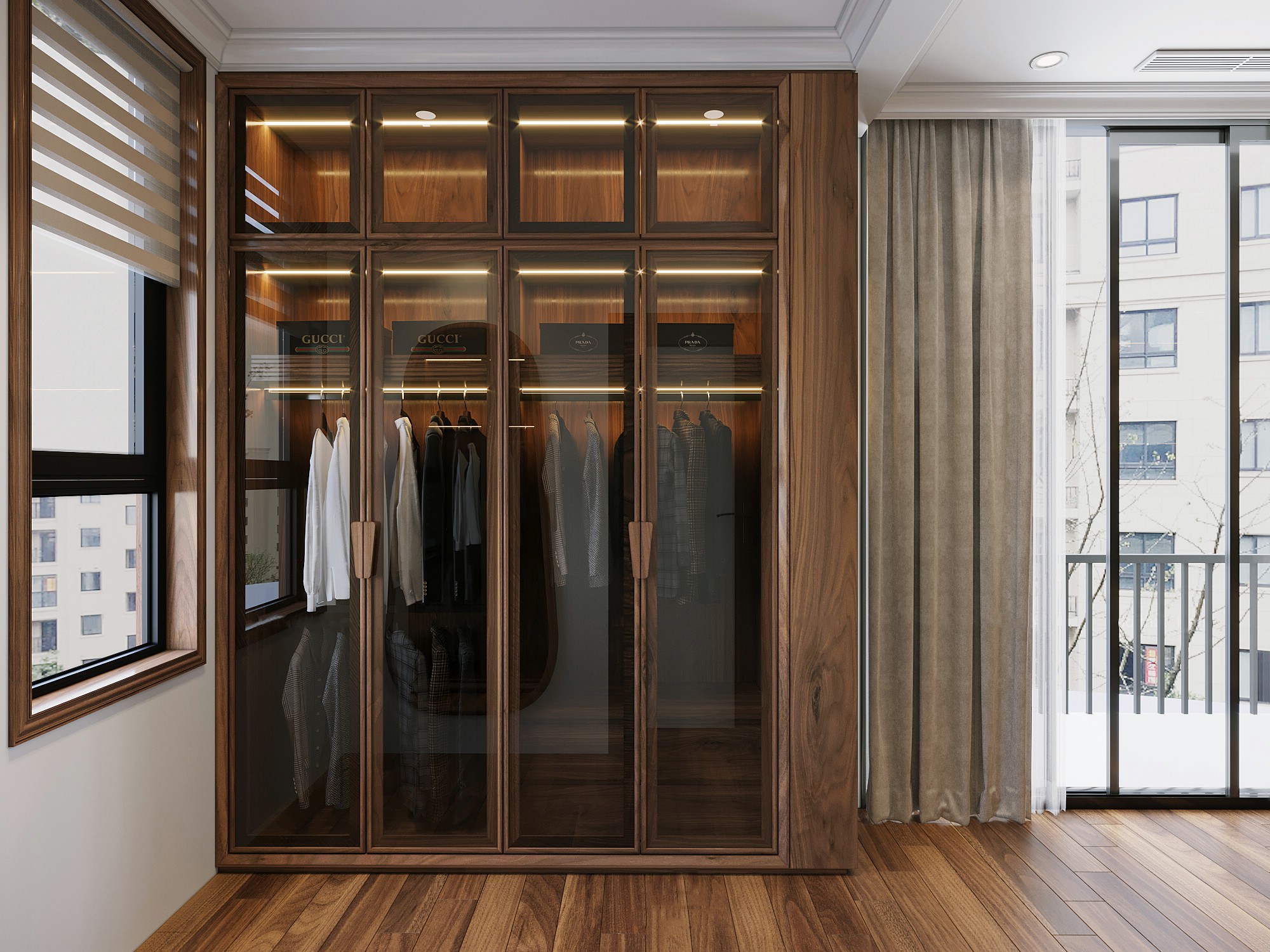 Mẫu tủ quần áo gỗ óc chó đơn giản cánh kính đặt góc tường