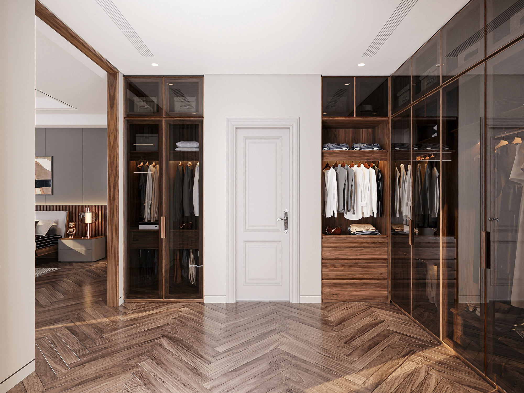 Mẫu tủ quần áo gỗ óc chó hiện đại đặt hai bên cửa ra vào