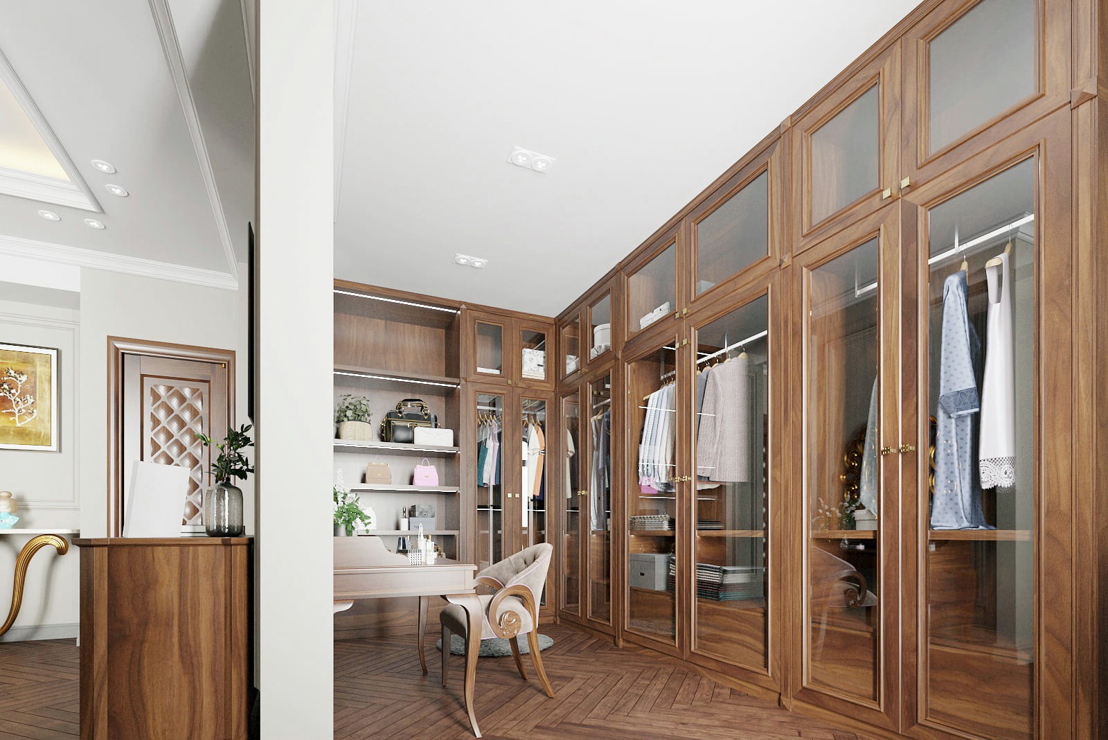 Mẫu tủ quần áo gỗ óc chó trong phòng ngủ thiết kế gọn gàng và tiện dụng.