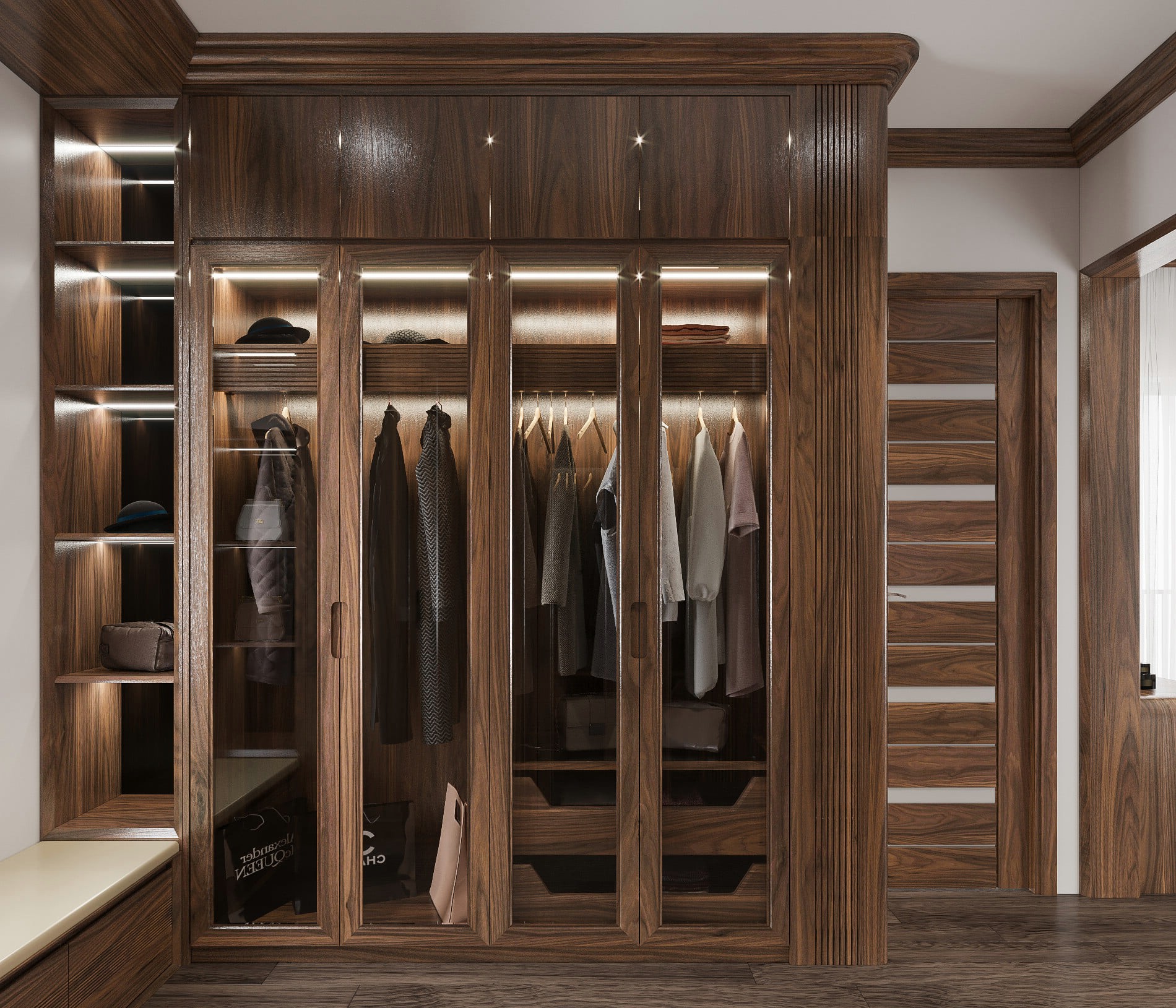 Mẫu tủ quần áo gỗ óc chó tự nhiên 4 cánh kết hợp kệ trang trí