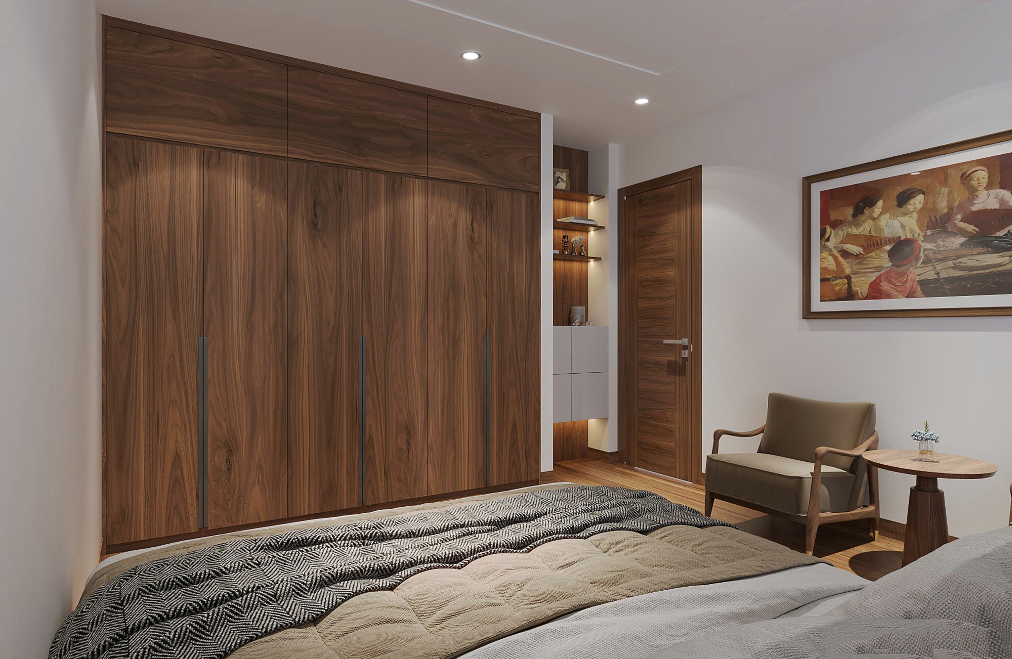 Mẫu tủ quần áo gỗ óc chó tự nhiên 6 cánh thiết kế âm tường