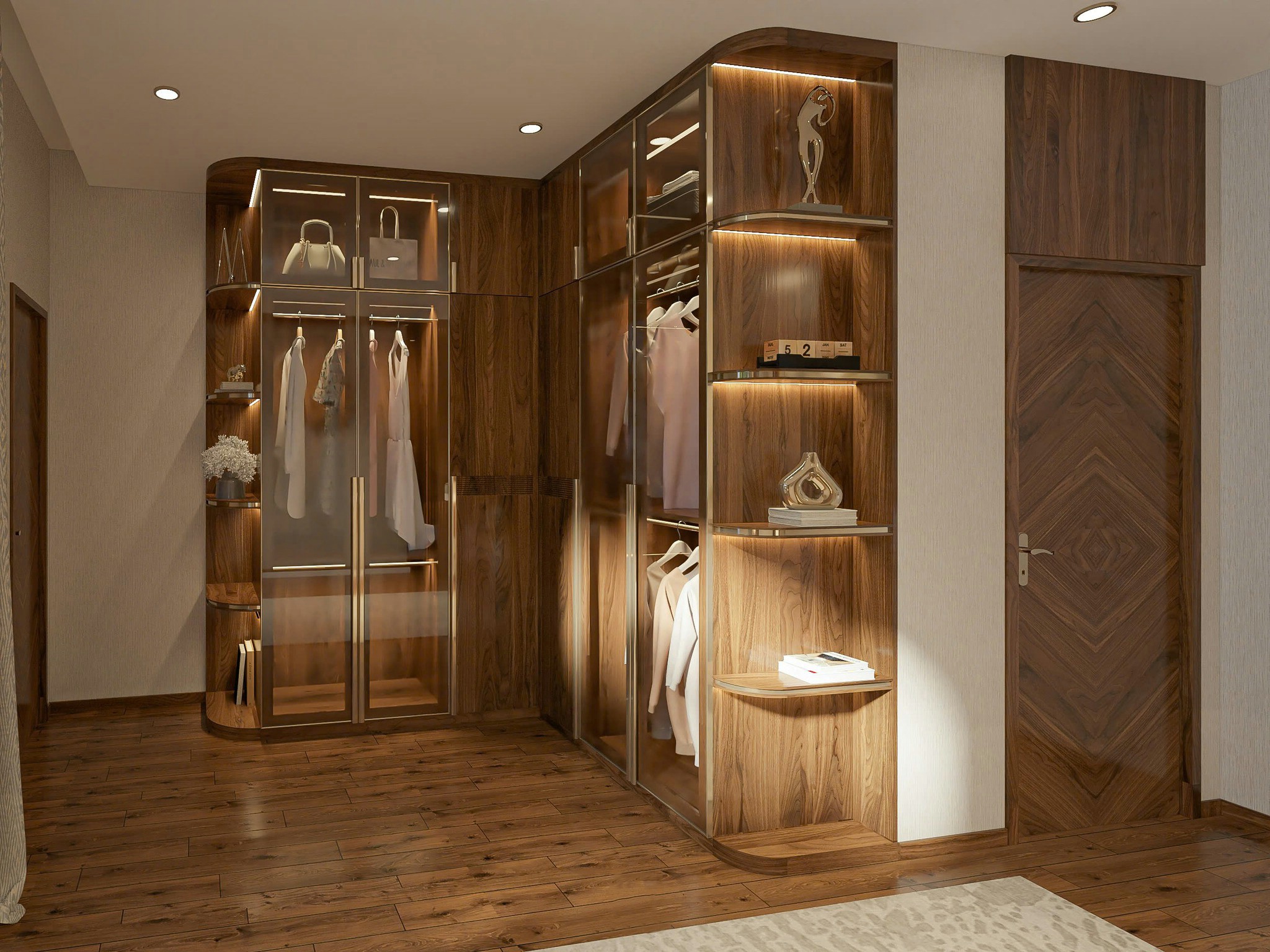 Mẫu tủ quần áo gỗ óc chó tự nhiên hiện đại chữ L cánh kính