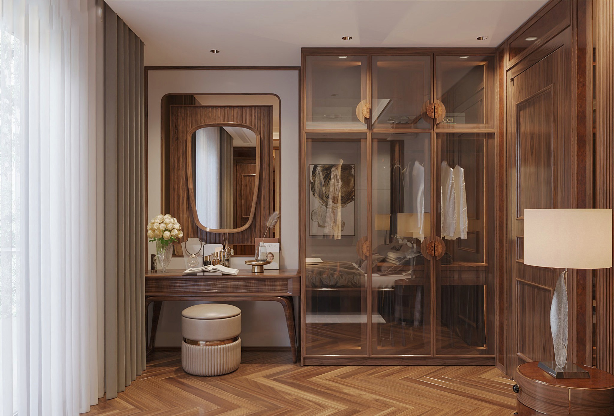 Mẫu tủ quần áo gỗ óc chó tự nhiên chữ I cánh kính trong suốt