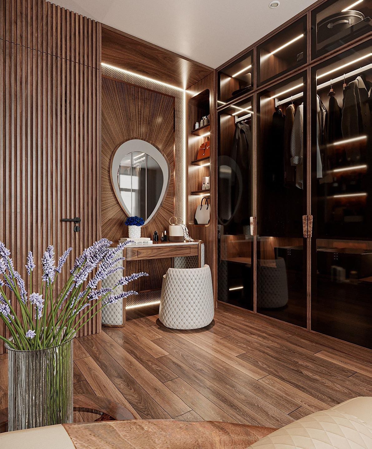 Mẫu tủ quần áo kèm bàn trang điểm gỗ óc chó cánh kính hiện đại