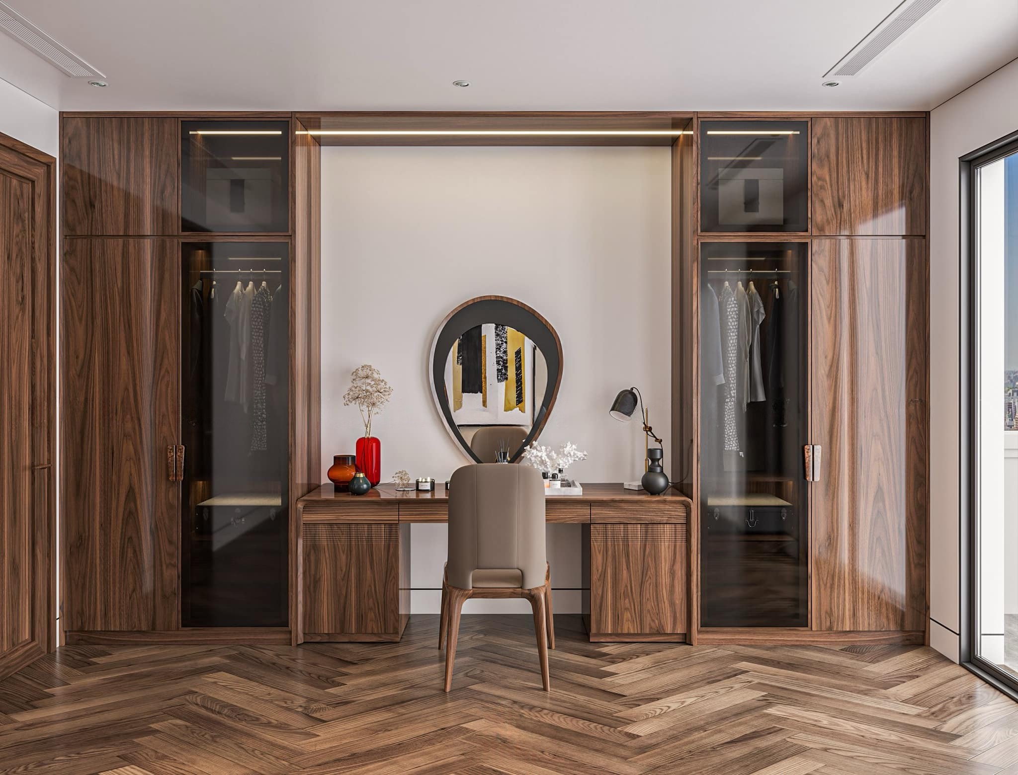 Mẫu tủ quần áo kết hợp bàn trang điểm gỗ óc chó thiết kế đối xứng