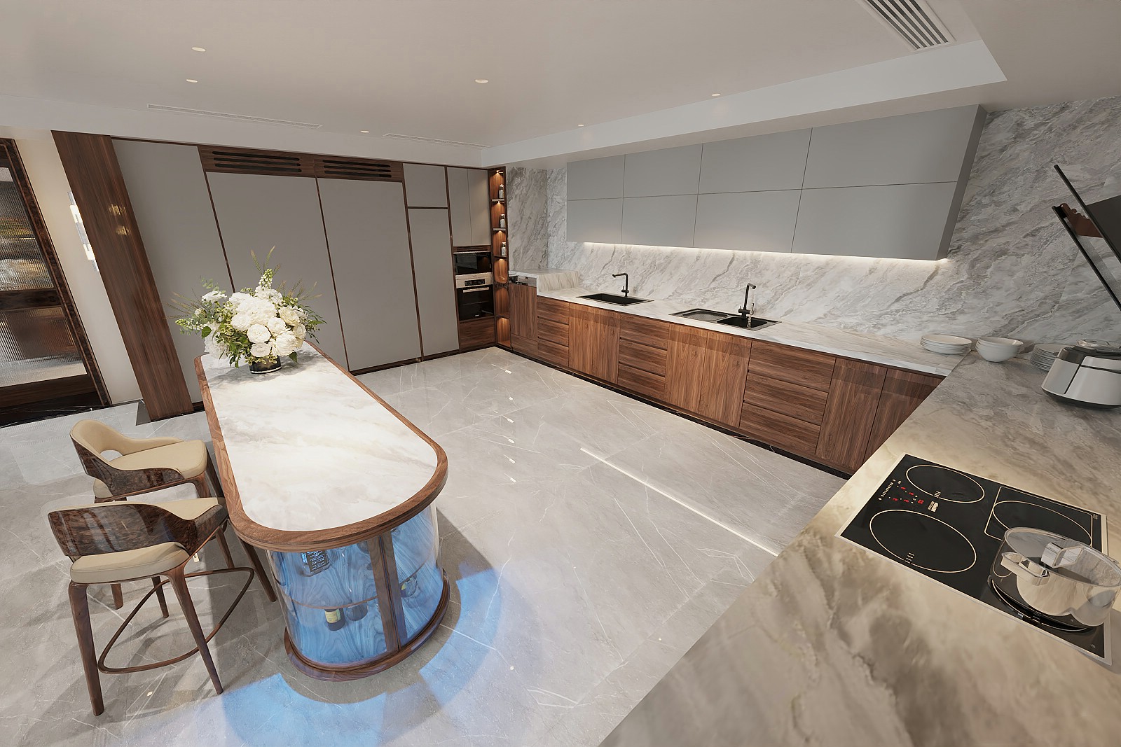 Mẫu tủ quầy bar phòng bếp gỗ óc chó đẹp mặt đá marble