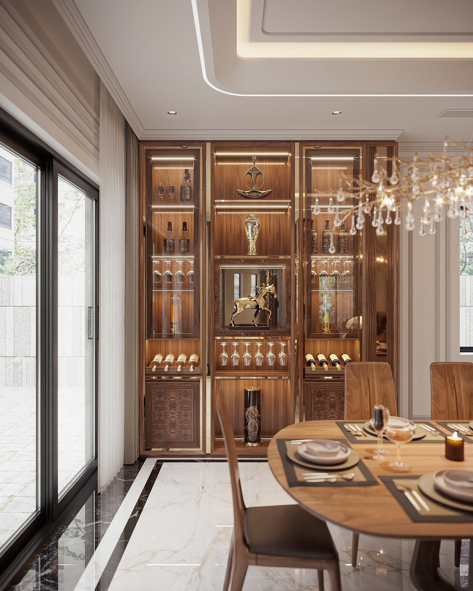 Mẫu tủ rượu bằng gỗ óc chó đẹp thiết kế kịch trần