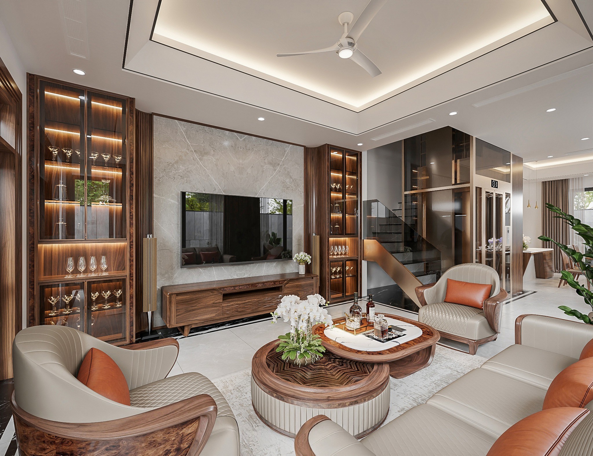 Mẫu tủ rượu gỗ óc chó đẹp phòng khách hai bên kệ tivi