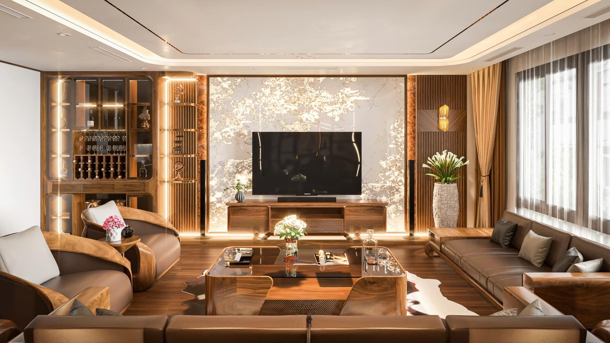 Mẫu tủ rượu gỗ óc chó góc phòng khách cánh kính sang trọng