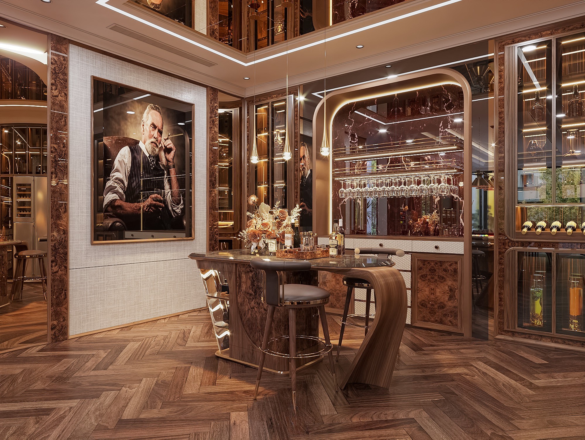 Mẫu tủ rượu gỗ óc chó hiện đại âm tường cánh kính