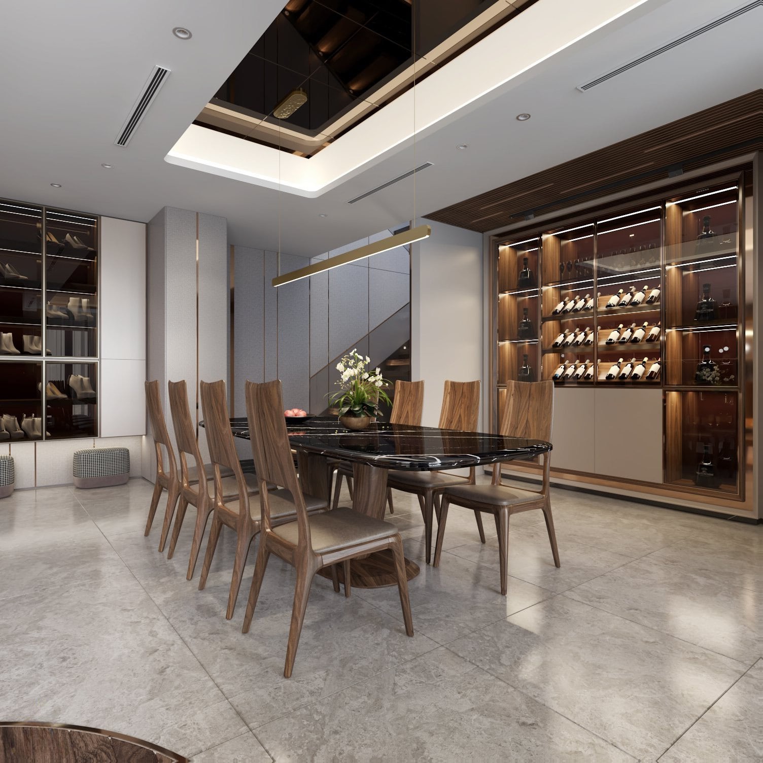 Mẫu tủ rượu gỗ óc chó tự nhiên âm tường phòng bếp