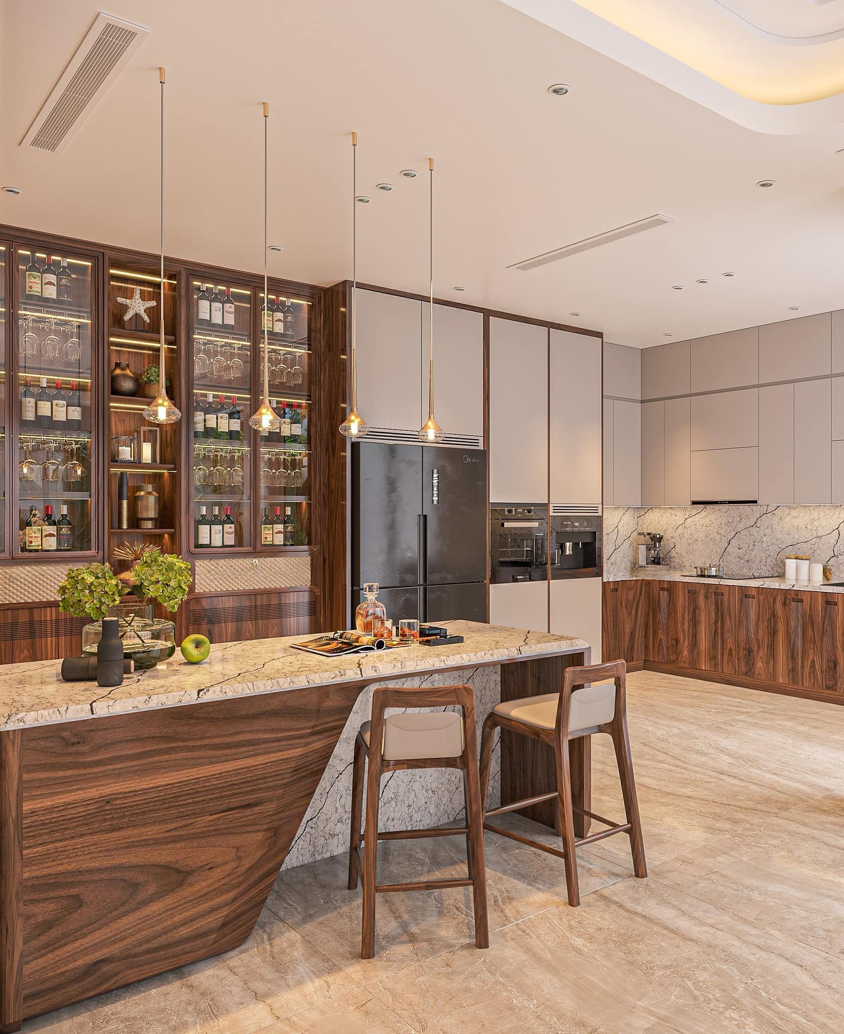 Mẫu tủ rượu góc gỗ óc chó đẹp đặt cạnh tủ lạnh phòng bếp