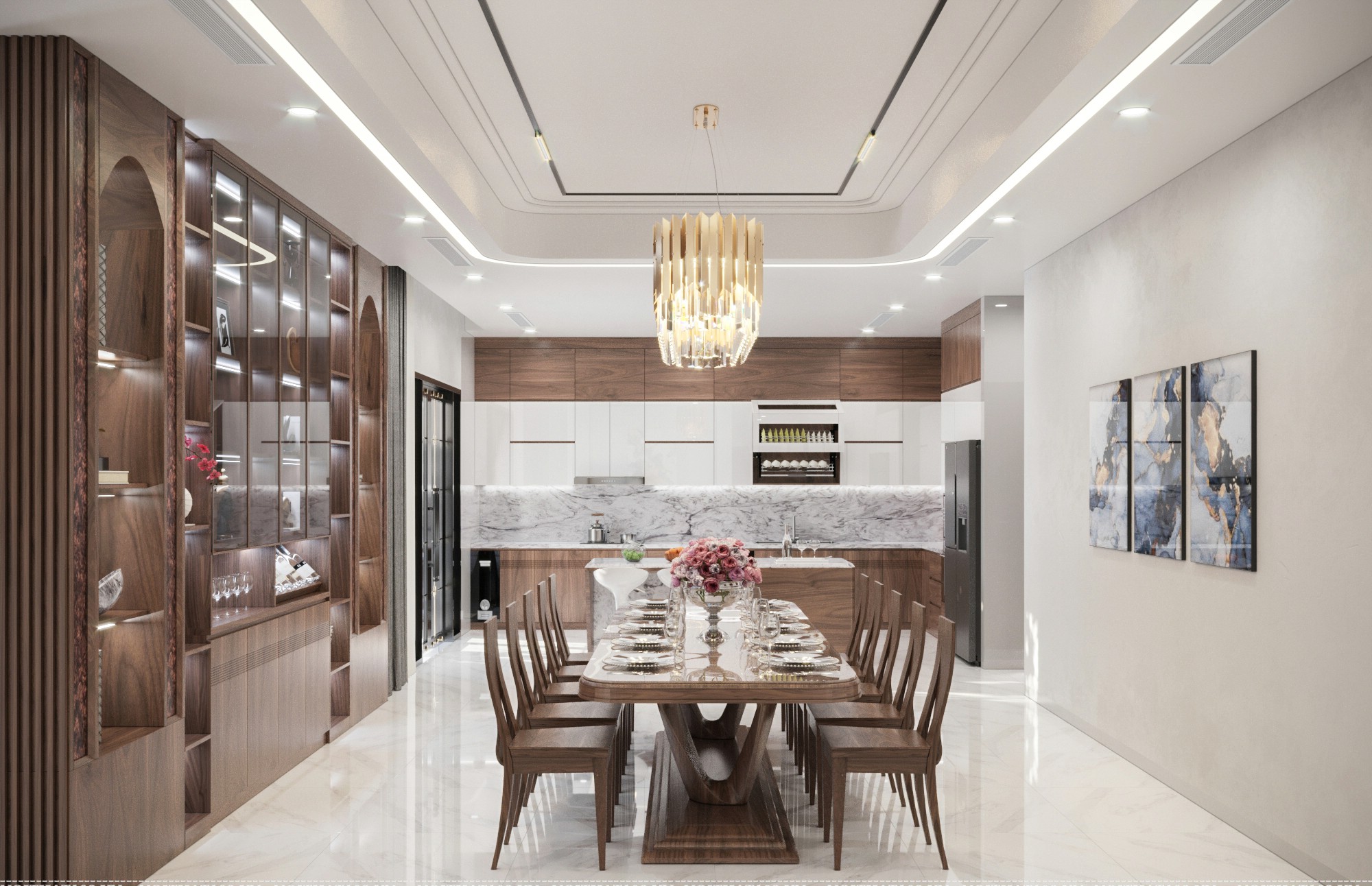 Mẫu tủ rượu phòng bếp gỗ óc chó kịch trần hiện đại