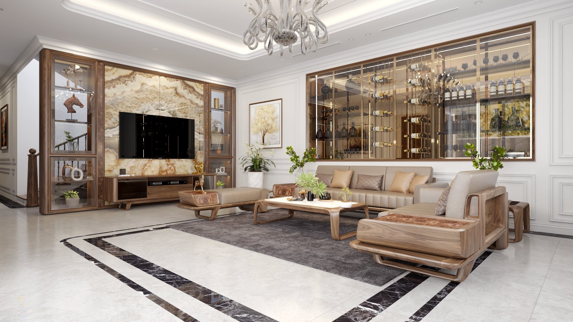 Mẫu tủ rượu phòng khách gỗ óc chó hiện đại kết hợp kính và đèn led tinh tế.