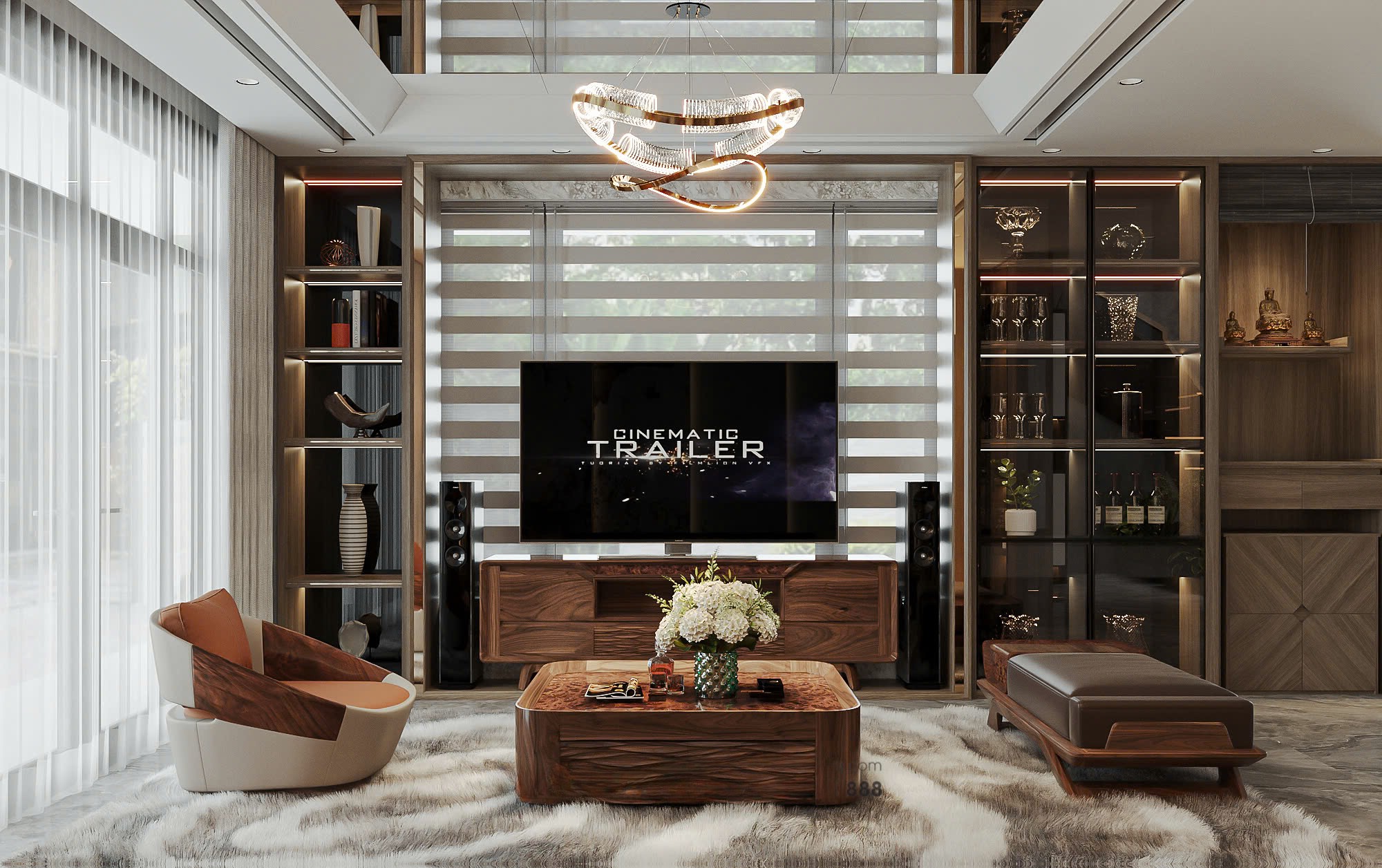 Mẫu tủ rượu phòng khách gỗ óc chó chữ I kịch trần