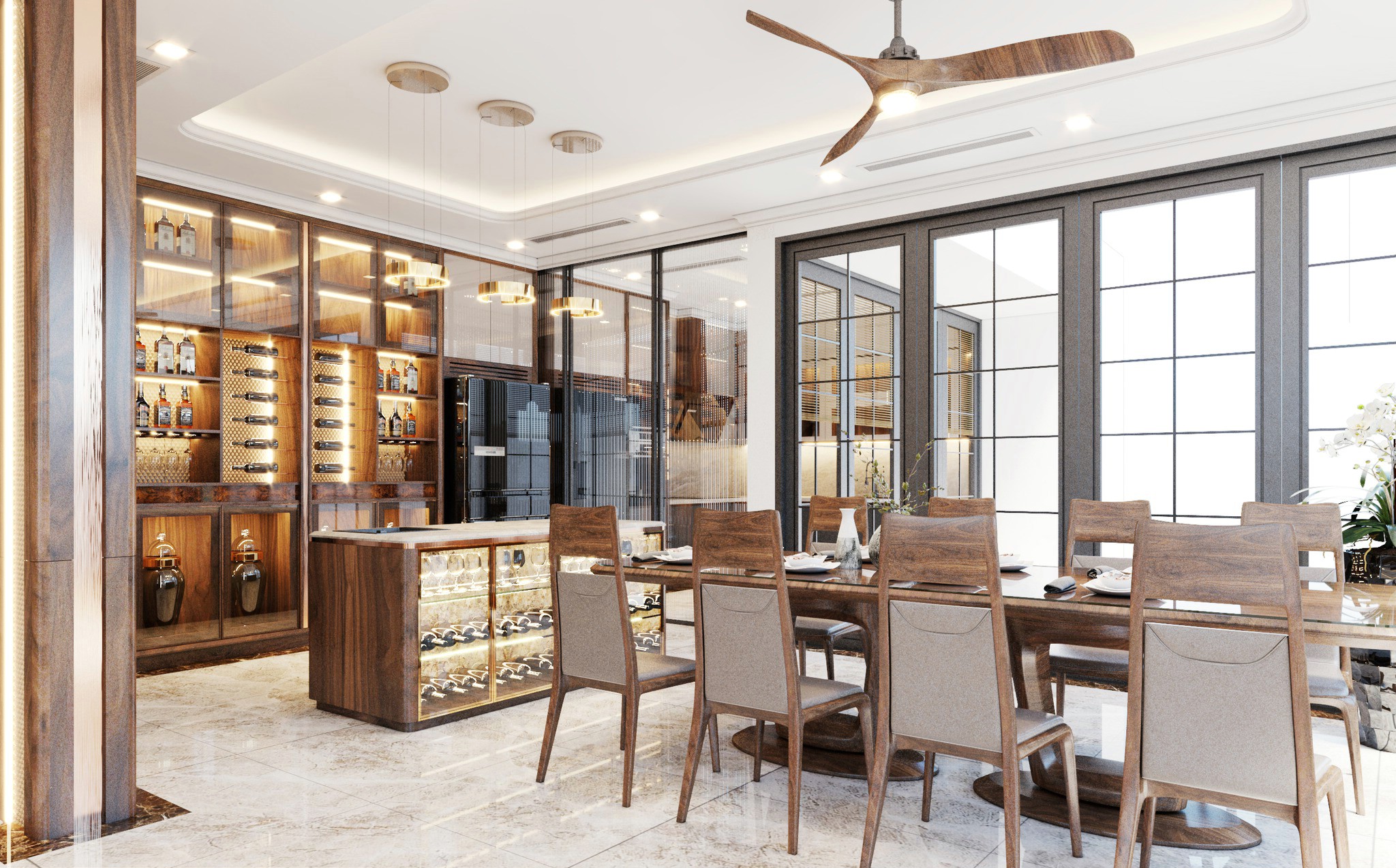 Mẫu tủ rượu quầy bar gỗ óc chó hiện đại