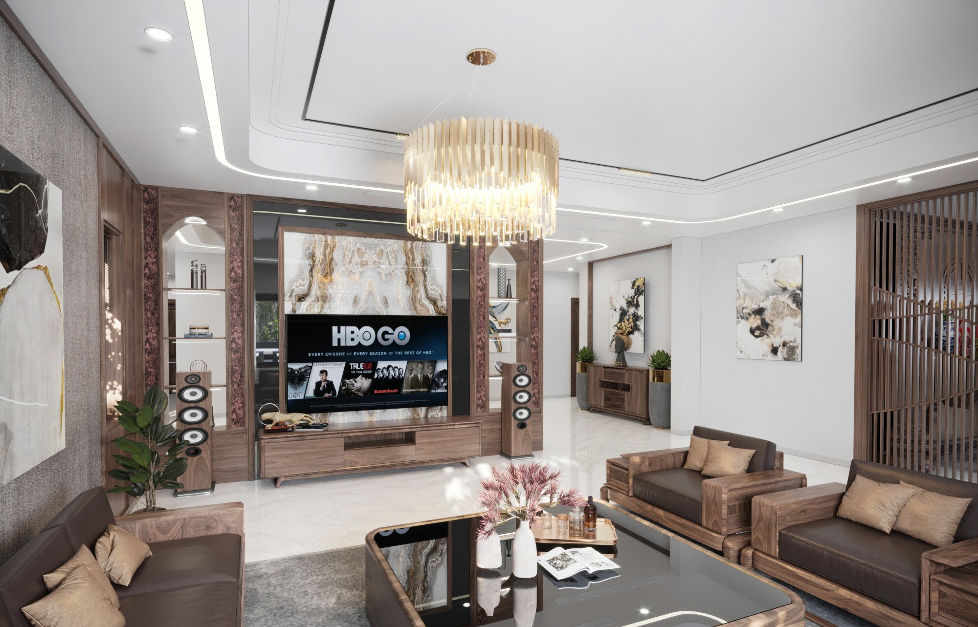 Mẫu vách kệ tivi phòng khách gỗ óc chó kết hợp vách cầu thang