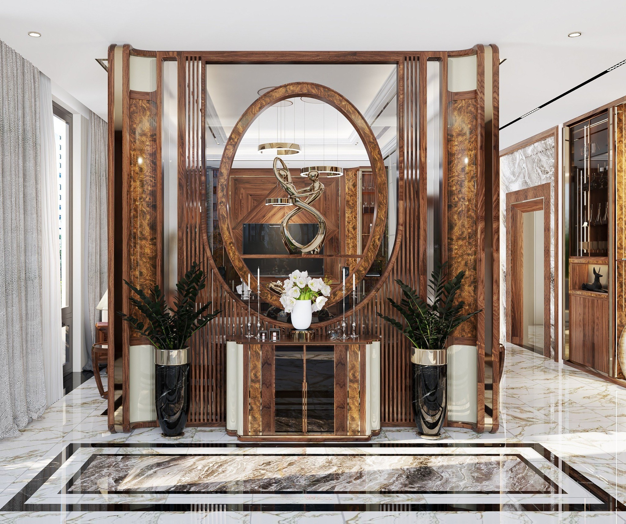 Mẫu vách ngăn gỗ óc chó đẹp cho phòng bếp hiện đại