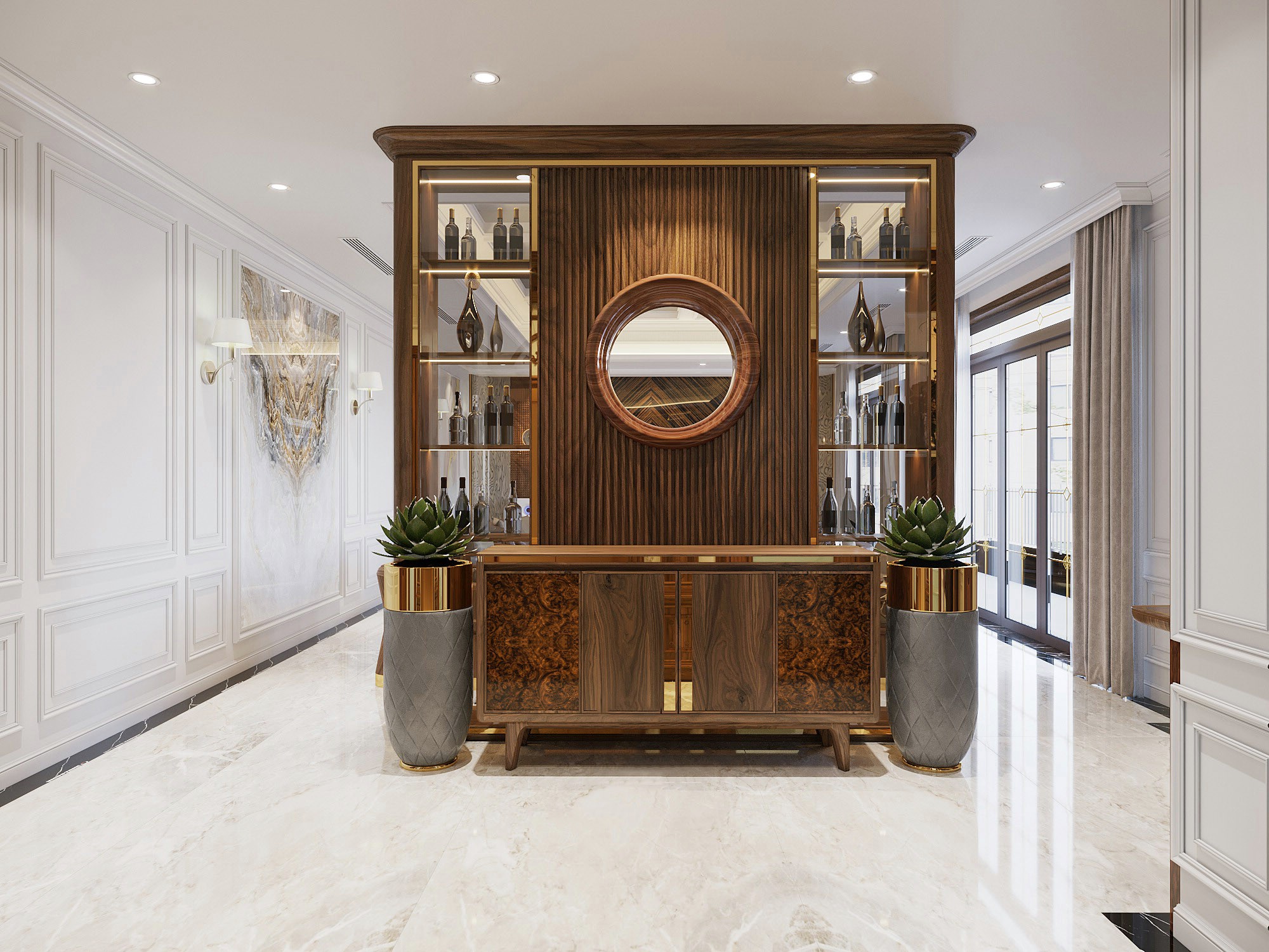 Mẫu vách ngăn gỗ óc chó oval cao kịch trần