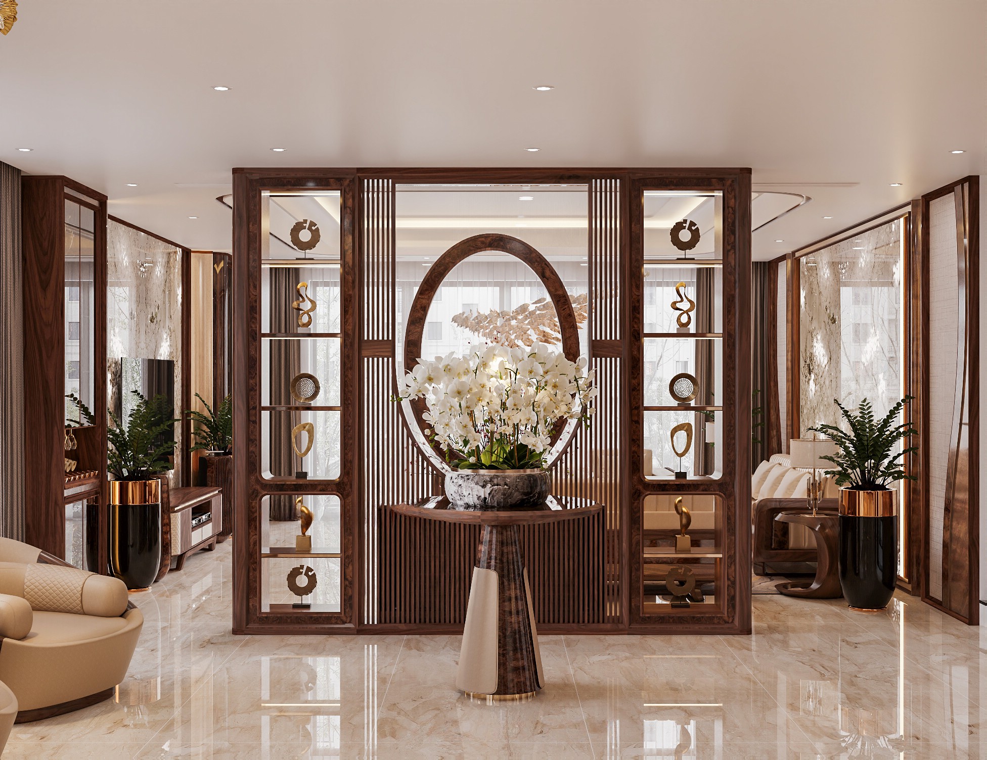 Mẫu vách ngăn phòng khách gỗ óc chó cao kịch trần