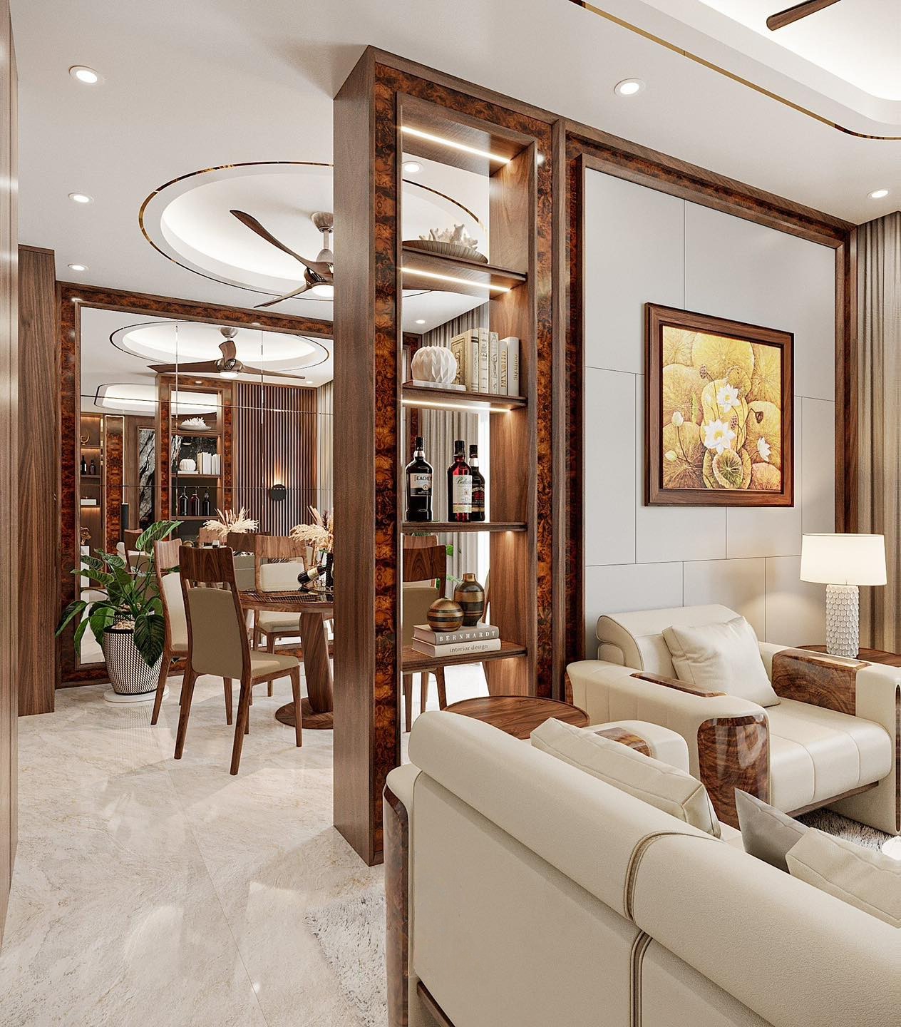 Mẫu vách ngăn phòng khách và phòng ăn gỗ óc chó cao kịch trần