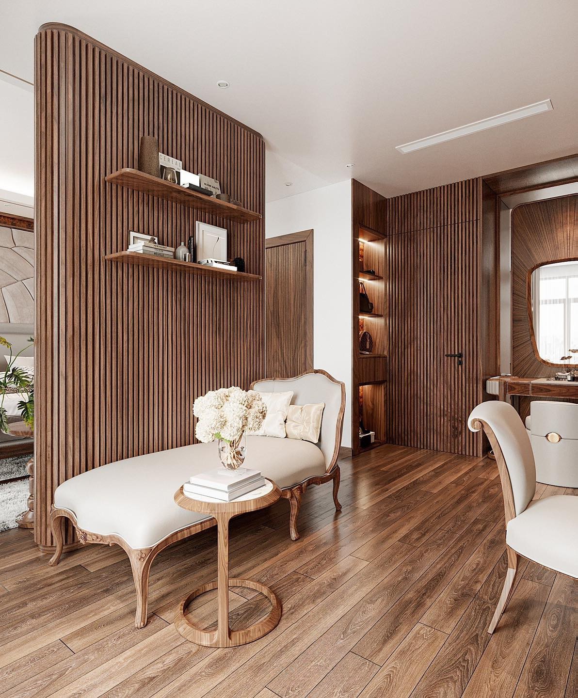 Mẫu vách ngăn phòng ngủ gỗ óc chó tinh tế.