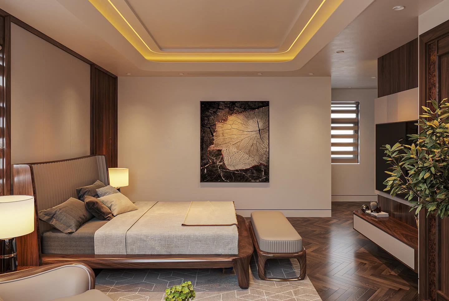 Giường ngủ gỗ óc chó hiện đại platform chân chữ U