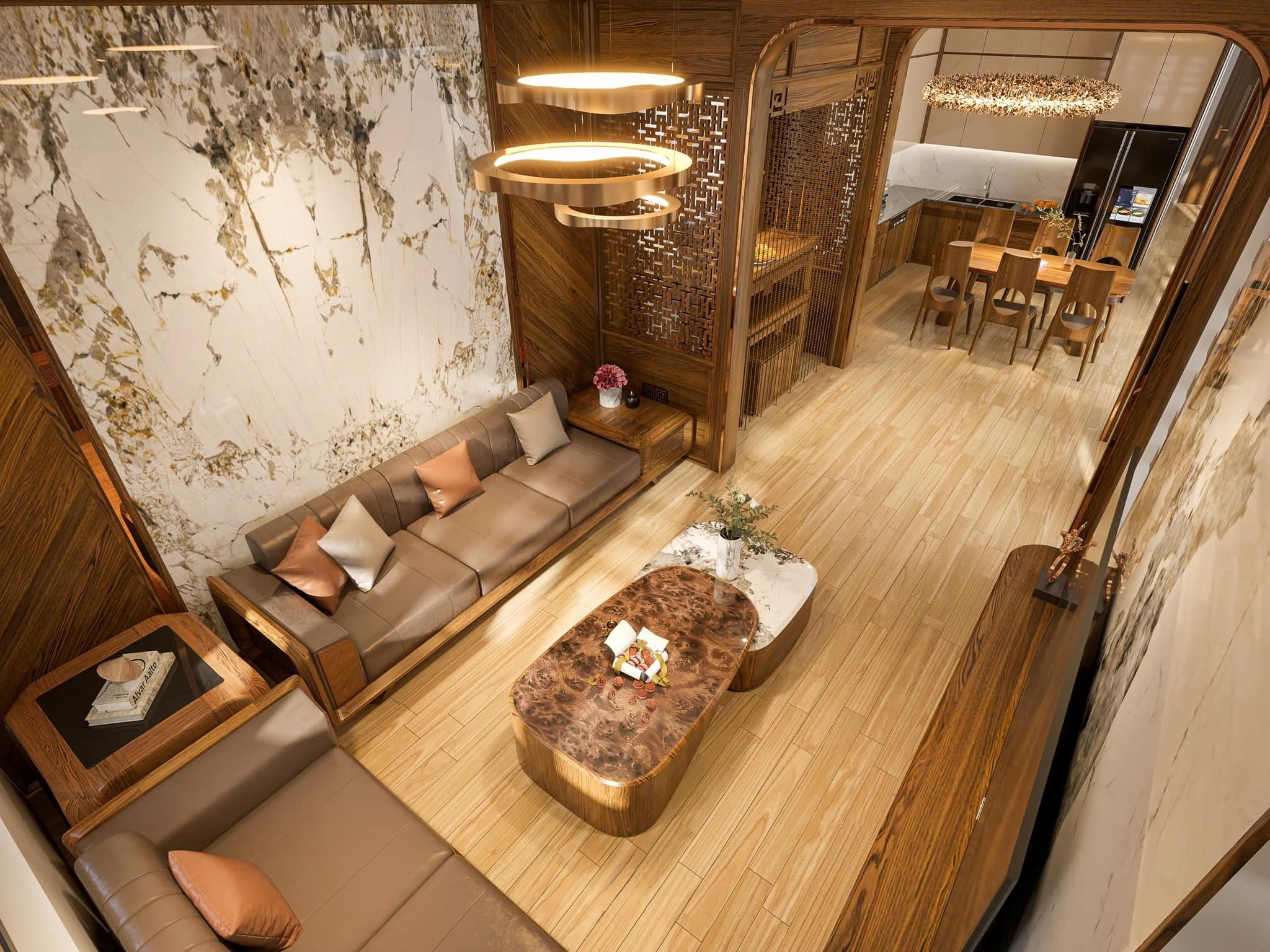 Nhà phòng khách và bếp liên thông gỗ óc chó.