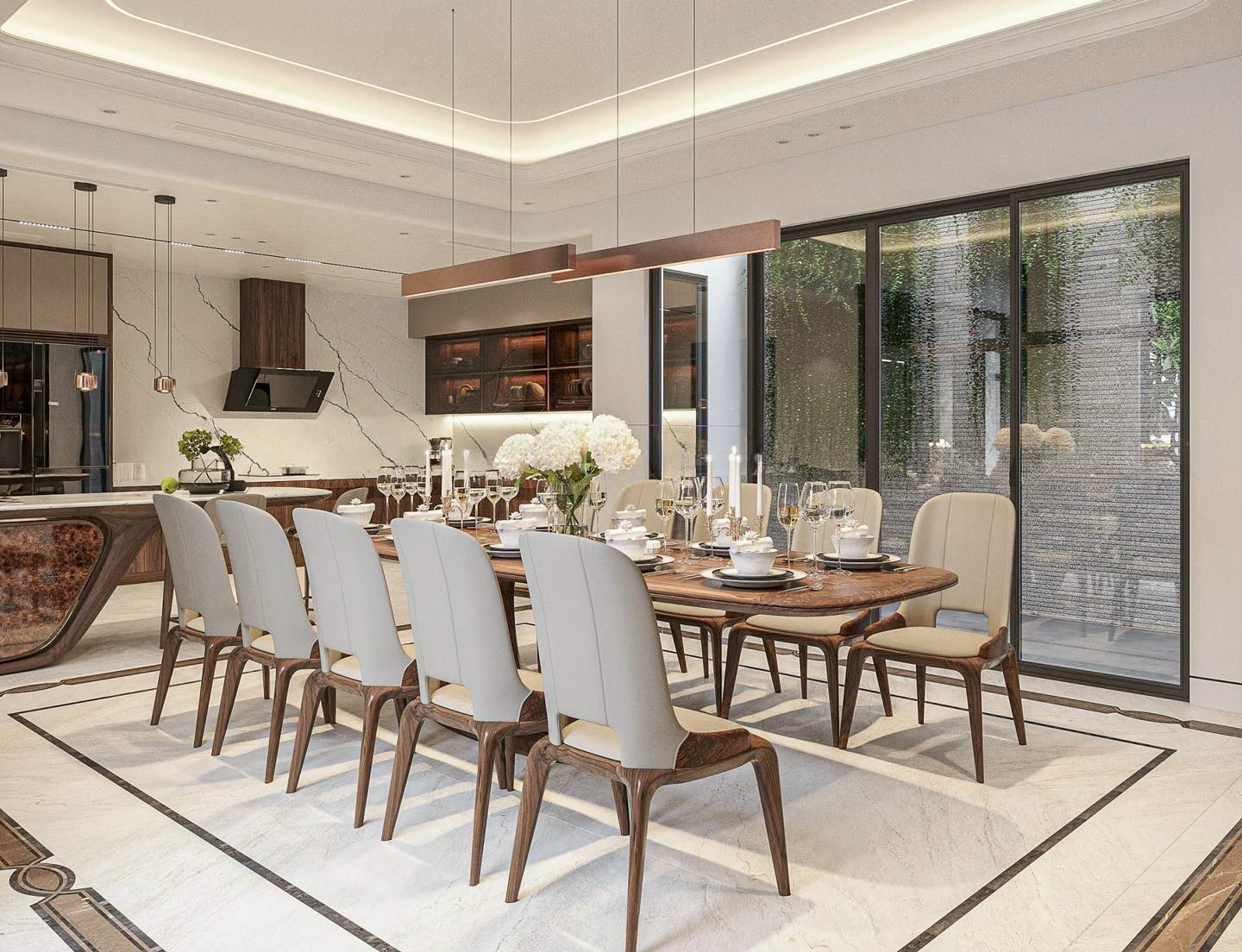 Nội thất bàn ăn gỗ óc chó hiện đại 10 ghế