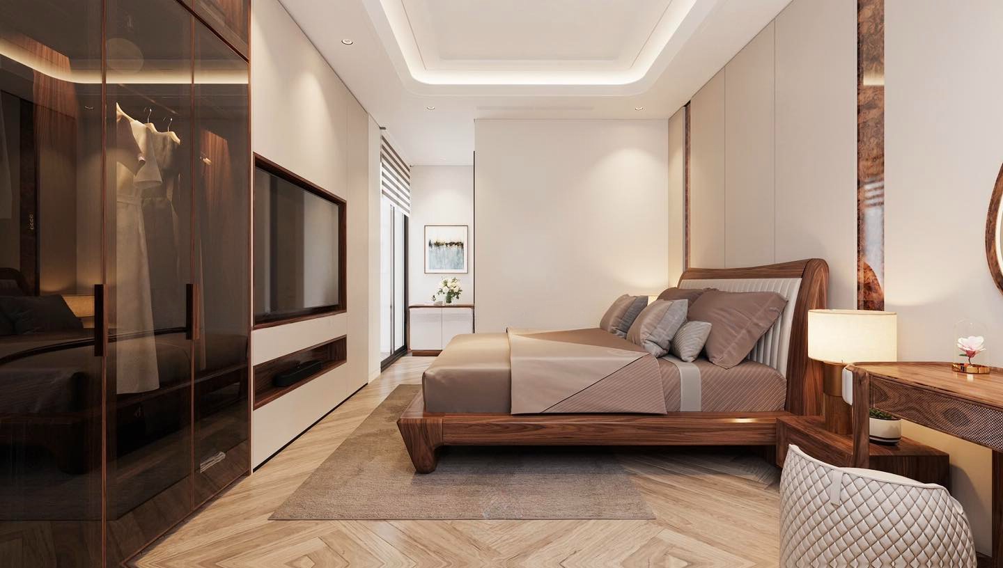 Nội thất giường gỗ óc chó platform hiện đại