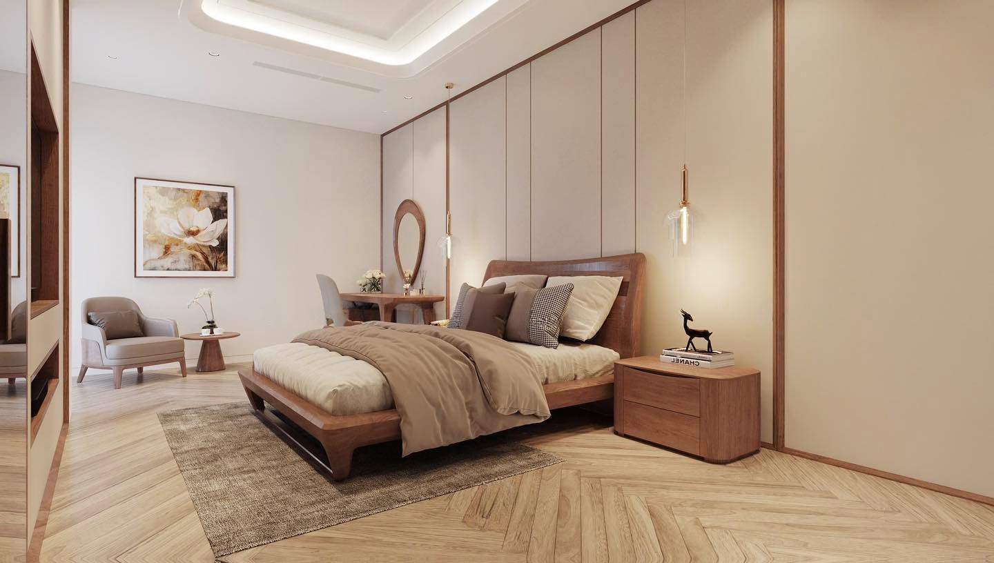 Nội thất giường ngủ gỗ óc chó đẹp bo tròn tinh tế