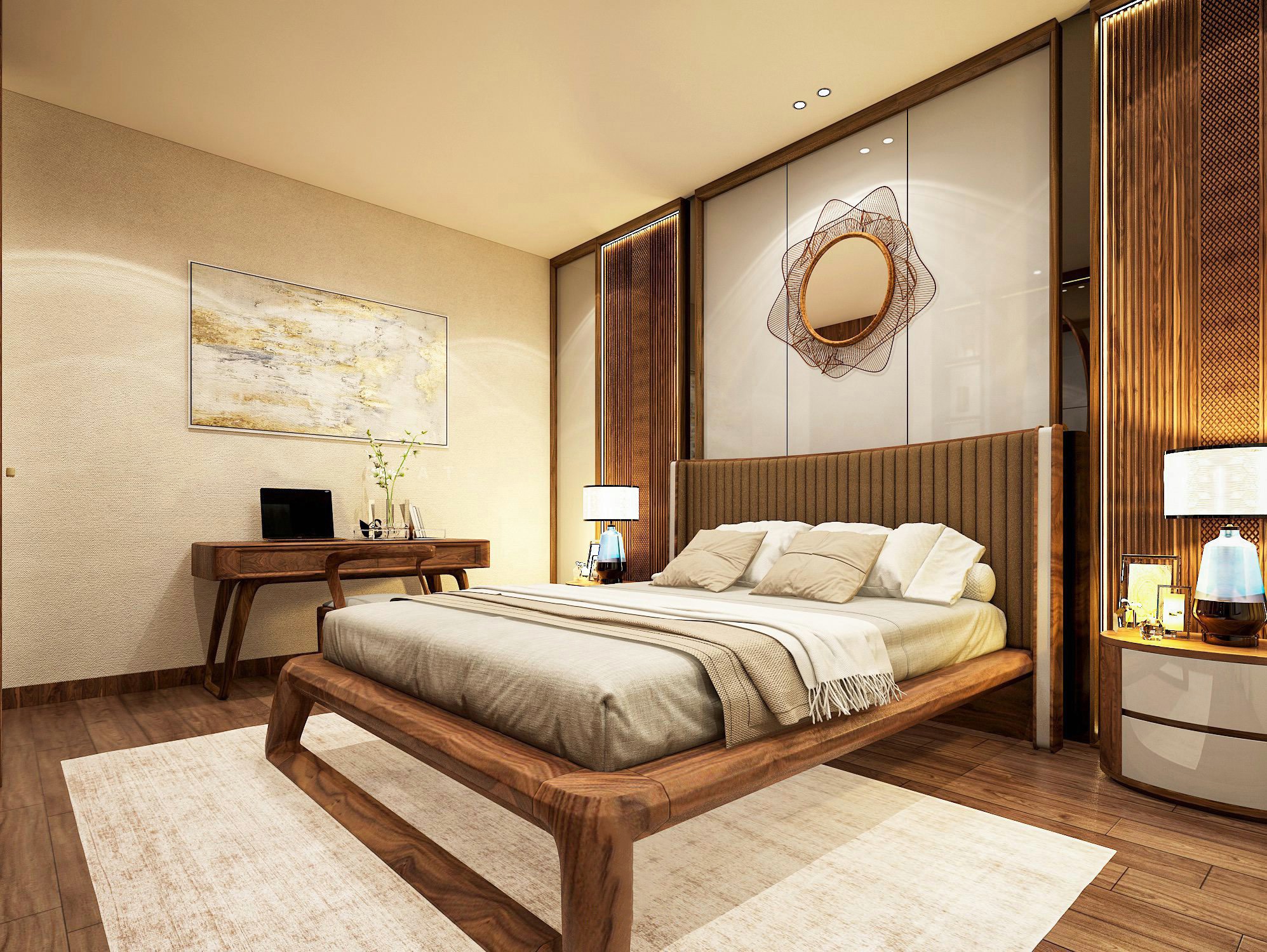 Nội thất giường ngủ gỗ óc chó platform bo tròn