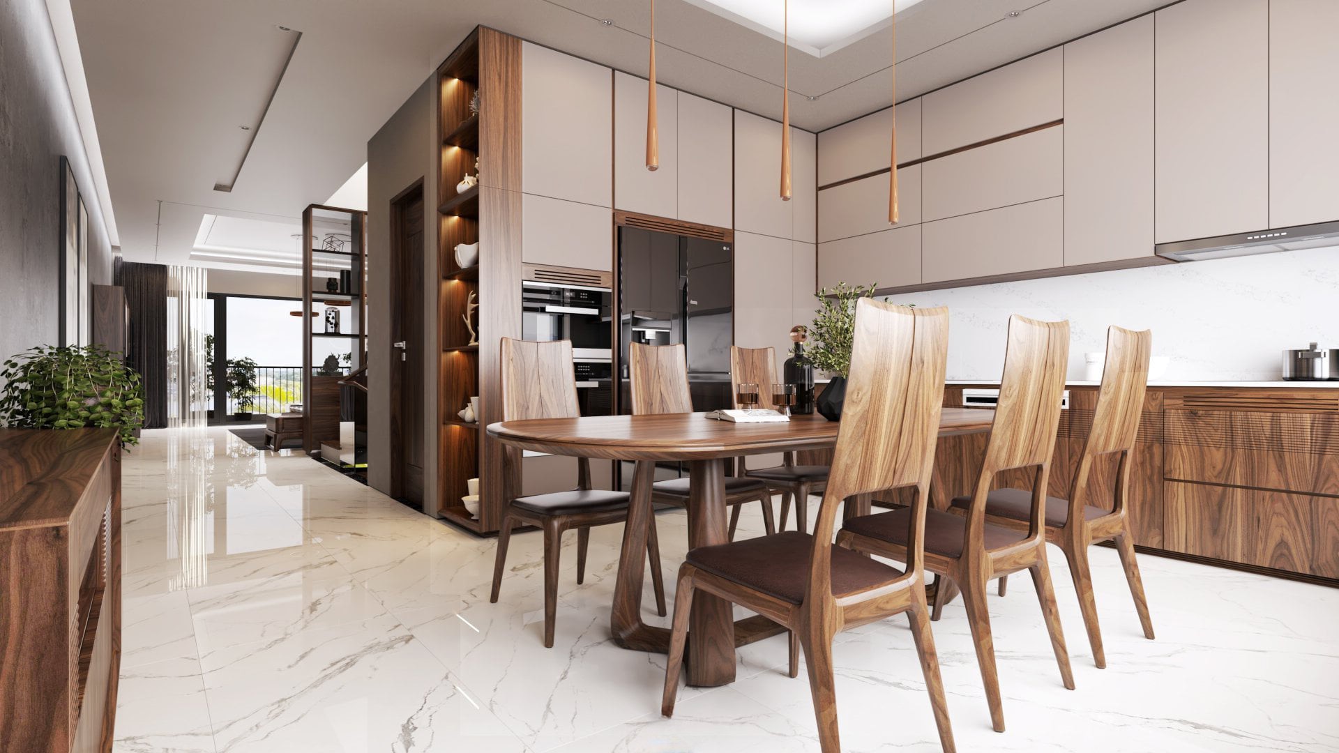 nội thất bếp gỗ óc chó nhà phố hiện đại