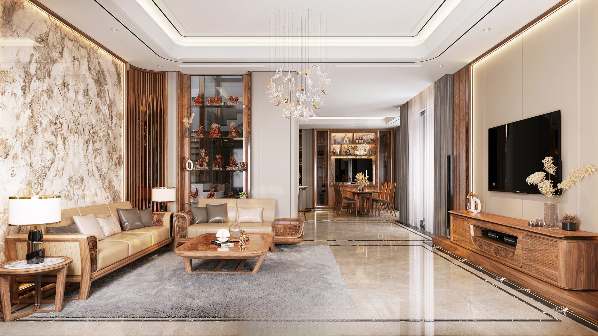 nội thất gỗ óc chó đẹp với sofa và vách đá Onyx